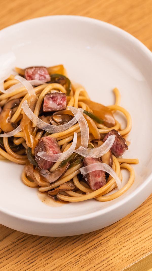 Ankake bucatini, pepperoni, crimini, Worcestershire