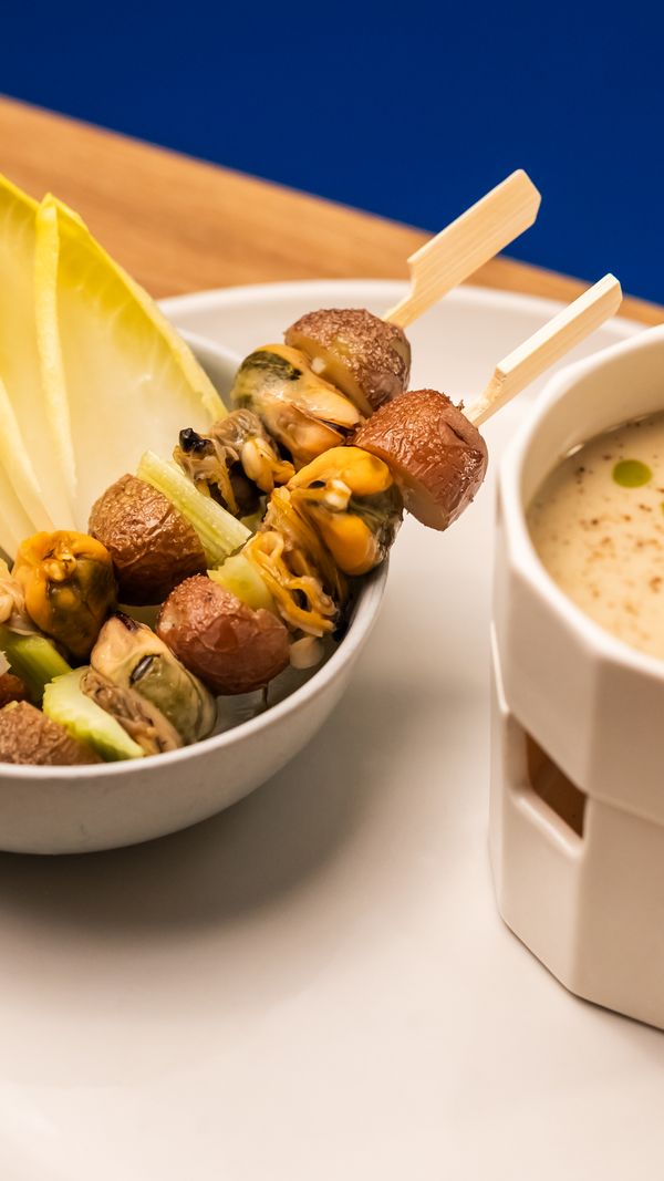 bagna chowda, marinated mussels, salt potatoes, tarragon