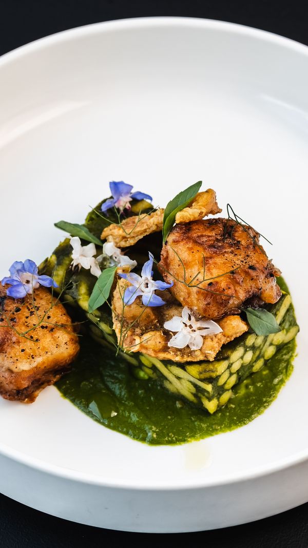 bigoli pesto pie, fried chicken