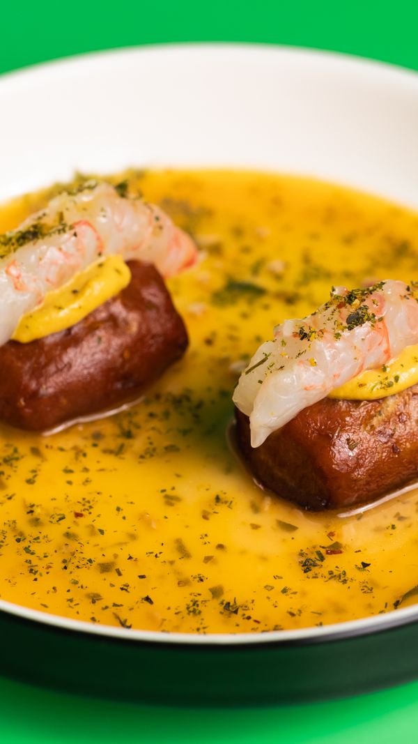 Royal Red shrimp, pretzel nigiri, Scampi sauce