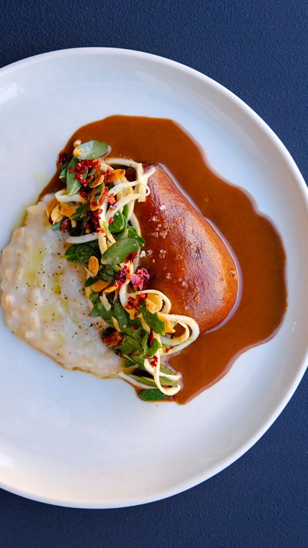 eggplant suprema, mole tramontana, rice risotto, little salad