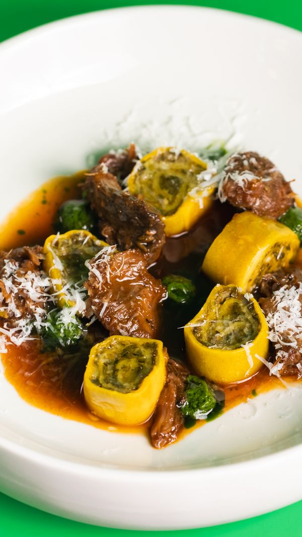 rotalini, broccoli rabe & provolone, long hot-braised pork cheek