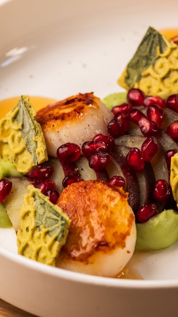 smoked scallops, Okinawa sweet potato, sage pizelle, vin Santo