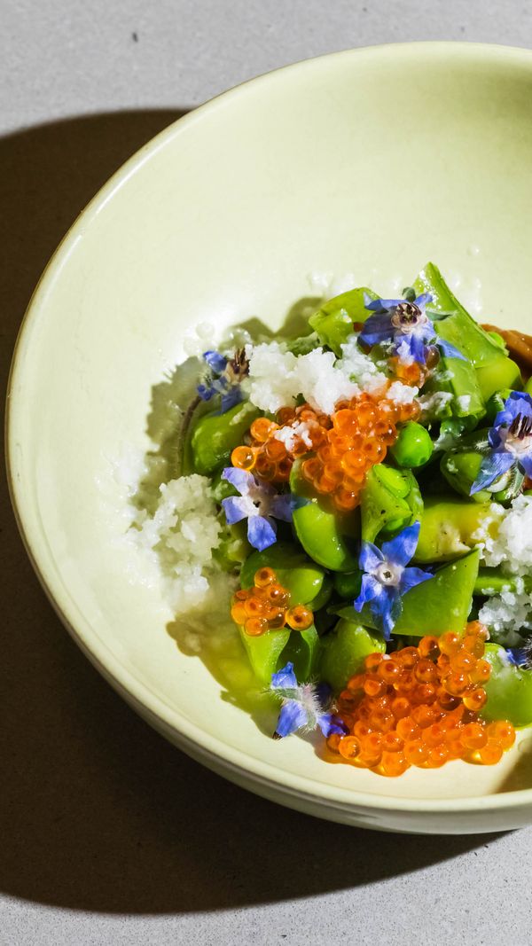 sugar snap peas, tarragon, smoked trout roe, whey granita