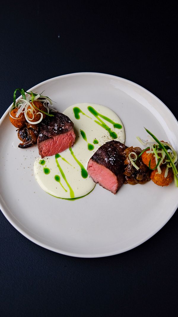 steak Angelo, Cooper Sharp, garlic croutons, celery